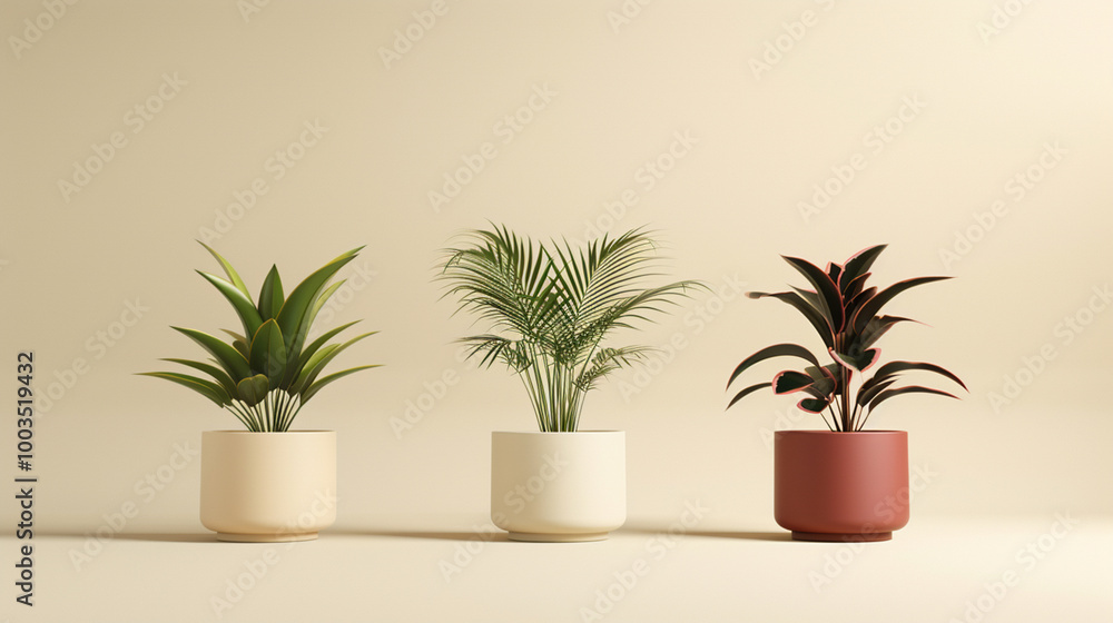 Fototapeta premium Three potted plants are lined up in a row, with one in the middle