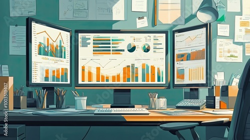 Office desk setup with multiple screens displaying business analytics, surrounded by documents and office supplies.