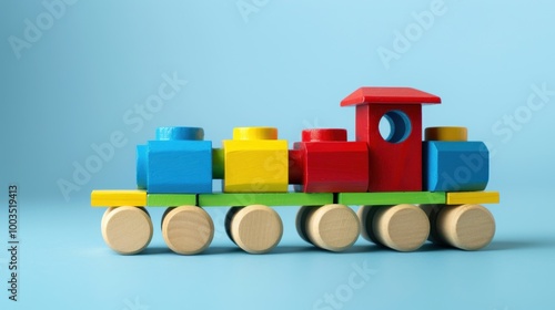 Wooden toy train with colorful blocks, copy space. AI generated images