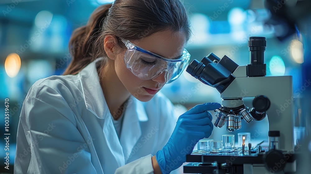 A scientist conducts research with a microscope in a laboratory during the evening hours, focused on her detailed observations A scientist conducts research with a microscope in a laboratory during the evening hours, focused on her detailed observations