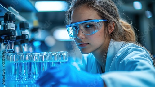 A young scientist in a laboratory conducts experiments with test tubes under bright lighting in a modern research facility