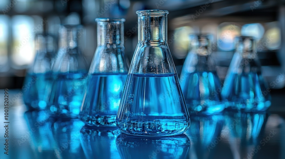 Laboratory glassware with blue liquid resting on a reflective surface in a laboratory setting during daytime Laboratory glassware with blue liquid resting on a reflective surface in a laboratory setting during daytime