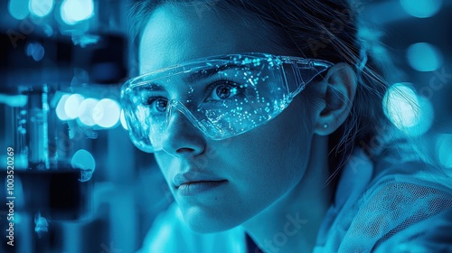 Wallpaper Mural Scientist in safety goggles examining glowing experiments in a laboratory during evening hours with blue lighting Torontodigital.ca