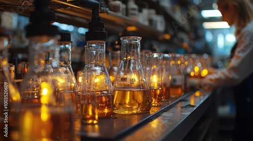 Laboratory setting featuring illuminated flasks with amber liquid and a researcher working in a modern facility during the evening