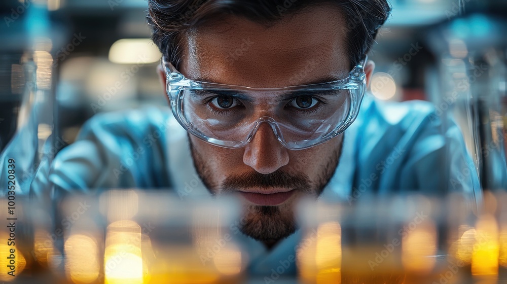 A focused scientist examines samples in a laboratory setting during the evening hours A focused scientist examines samples in a laboratory setting during the evening hours