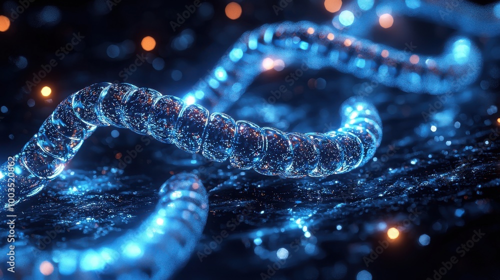 A detailed close-up view of glowing microscopic structures resembling worm-like forms in a dark, blurred environment A detailed close-up view of glowing microscopic structures resembling worm-like forms in a dark, blurred environment