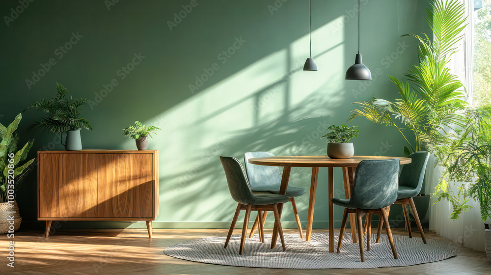Fototapeta premium Mint color chairs at round wooden dining table in room with sofa and cabinet near green wall. Generative AI