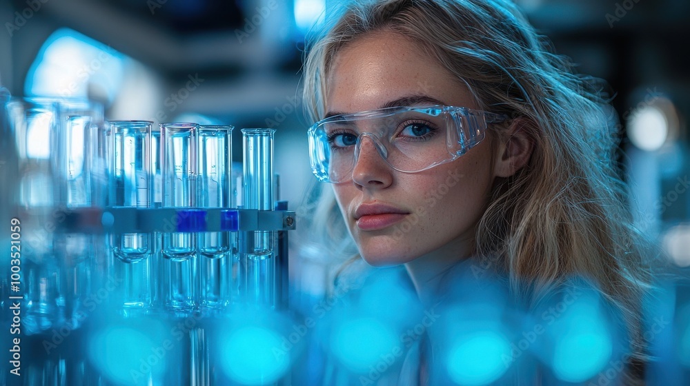 A young scientist working in a laboratory filled with glowing test tubes and advanced equipment during a late evening experiment A young scientist working in a laboratory filled with glowing test tubes and advanced equipment during a late evening experiment