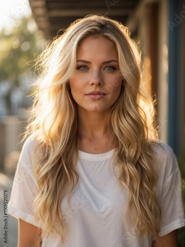 blonde woman with blonde hair and a white shirt