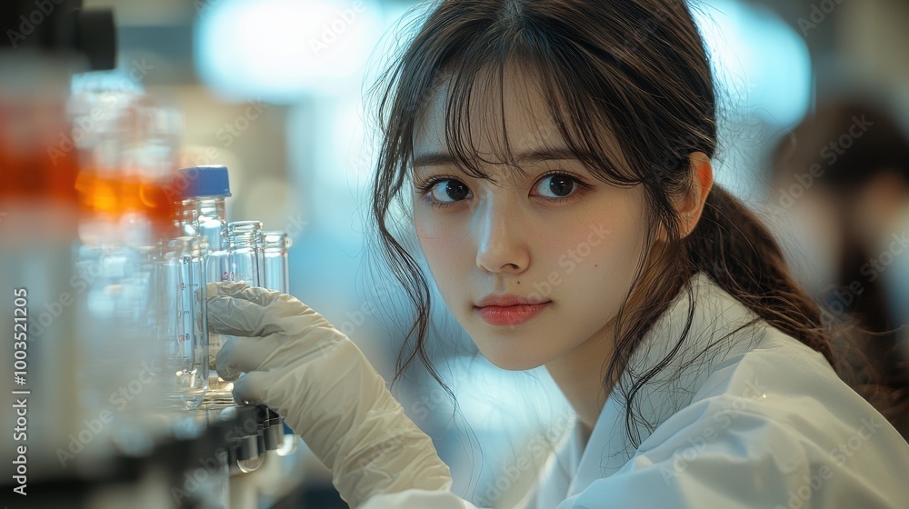 Young researcher in a lab examines test tubes filled with liquid during a scientific experiment Young researcher in a lab examines test tubes filled with liquid during a scientific experiment