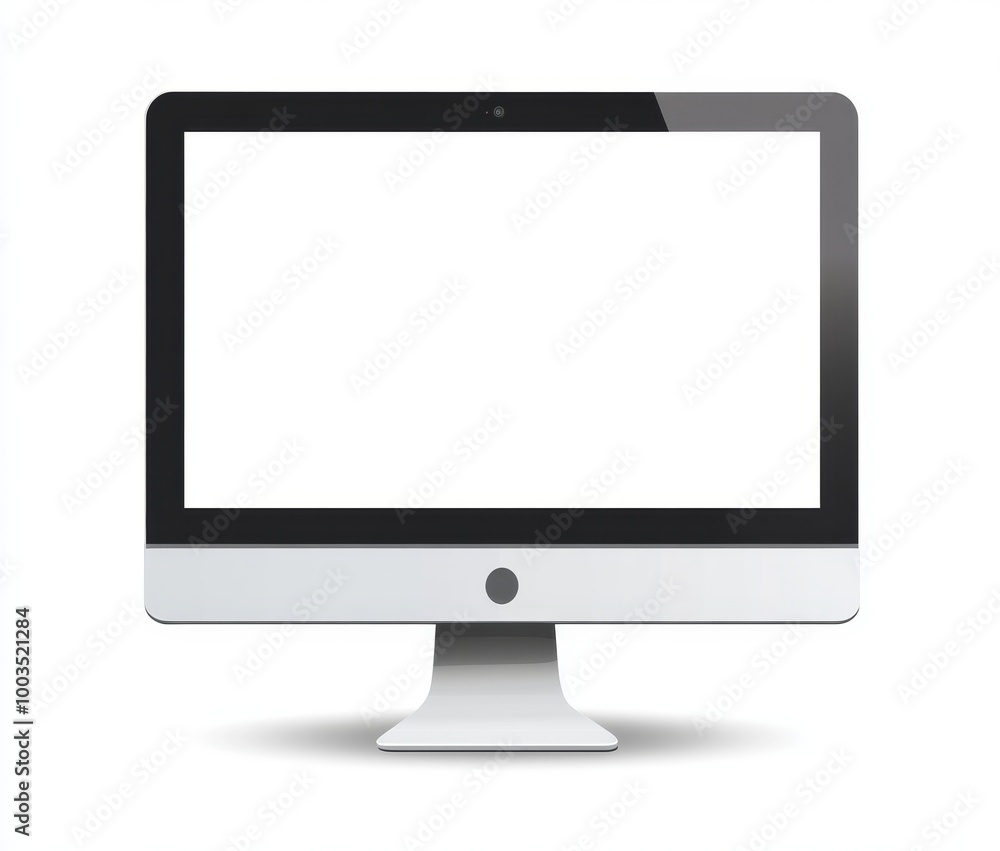 A sleek, modern desktop computer with a blank white screen isolated on a white background. The computer has a silver finish and a black bezel. A sleek, modern desktop computer with a blank white screen isolated on a white background. The computer has a silver finish and a black bezel.