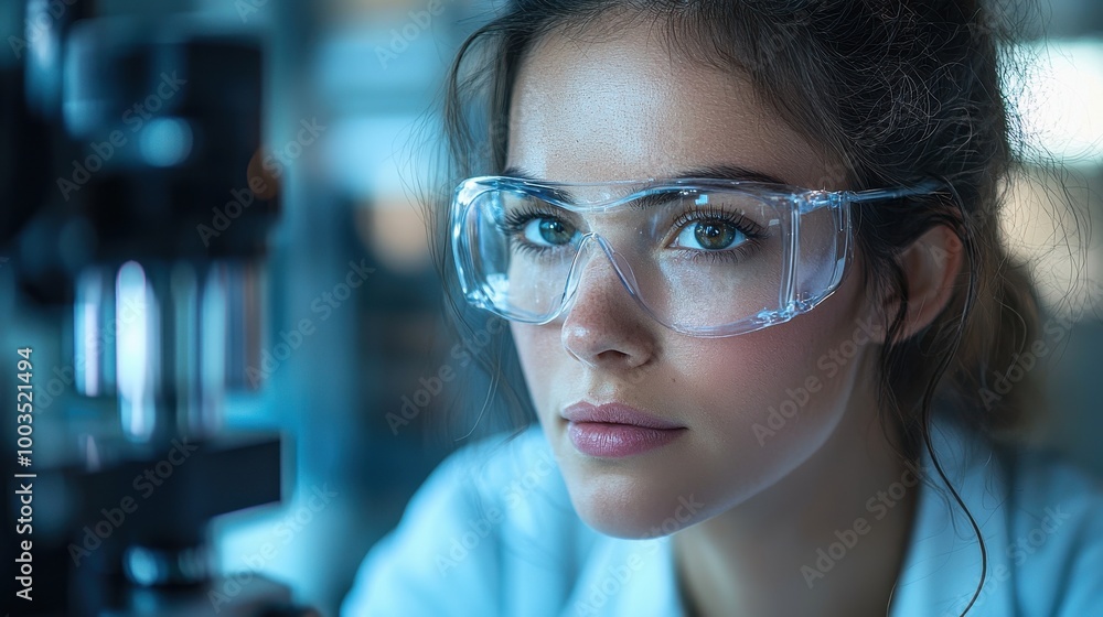 A young woman in protective eyewear focuses intently on a microscope in a modern laboratory setting during the early evening hours A young woman in protective eyewear focuses intently on a microscope in a modern laboratory setting during the early evening hours
