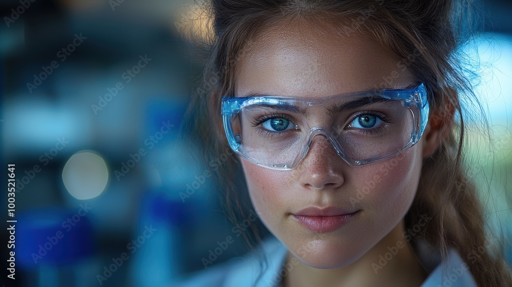 Young female scientist with glasses conducting research in a laboratory during the day Young female scientist with glasses conducting research in a laboratory during the day