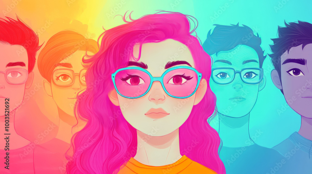Young woman with pink hair and glasses stands in front of three other people. Young woman with pink hair and glasses stands in front of three other people.