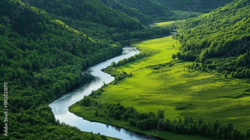 Peaceful river winding through a valley surrounded by rolling green hills and forests.