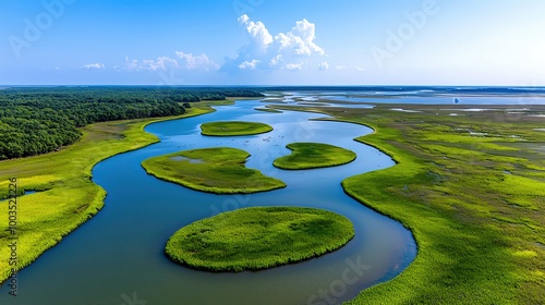 Bird seye view of a coastal wetland with a maze of waterways and marshlands, teeming with wildlife, focus on the natural ecosystem photo