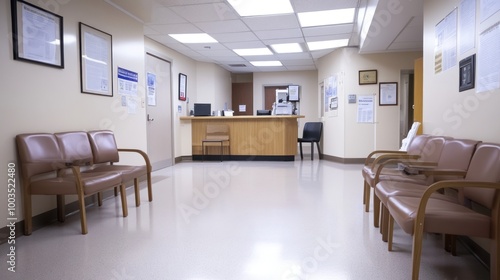 A waiting room with chairs and a reception area in a healthcare facility.