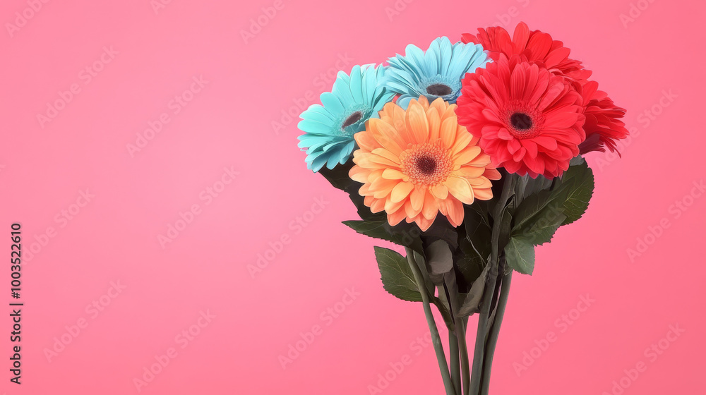 Colorful gerberas against a pink background. Colorful gerberas against a pink background.