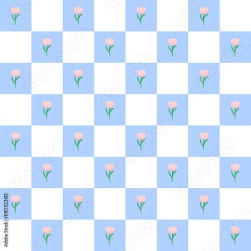Flowers blue and white chess grid seamless pattern. pink tulips Flower. modern elements. flowers background design. Illustration vector 10 eps.