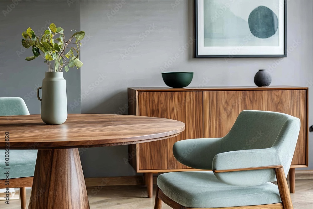 Modern dining room interior with wooden table, chairs, cabinet and a vase with green leaves on it. Modern dining room interior with wooden table, chairs, cabinet and a vase with green leaves on it.