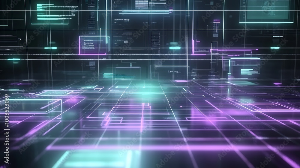 Abstract glowing grid with vibrant neon lines, creating a digital landscape with a futuristic feel. Abstract glowing grid with vibrant neon lines, creating a digital landscape with a futuristic feel.