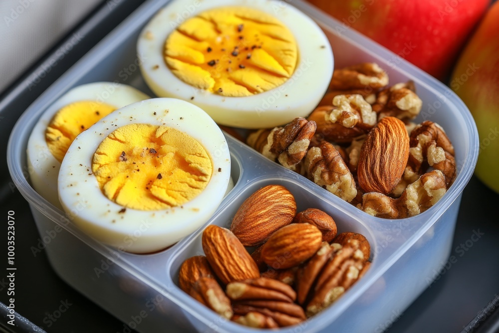 A clean eating snack box with sliced apples, nuts, and a boiled egg, arranged in a tidy, divided container A clean eating snack box with sliced apples, nuts, and a boiled egg, arranged in a tidy, divided container