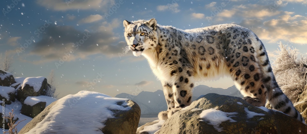 Fototapeta premium Snow Leopard Standing on a Snowy Mountain