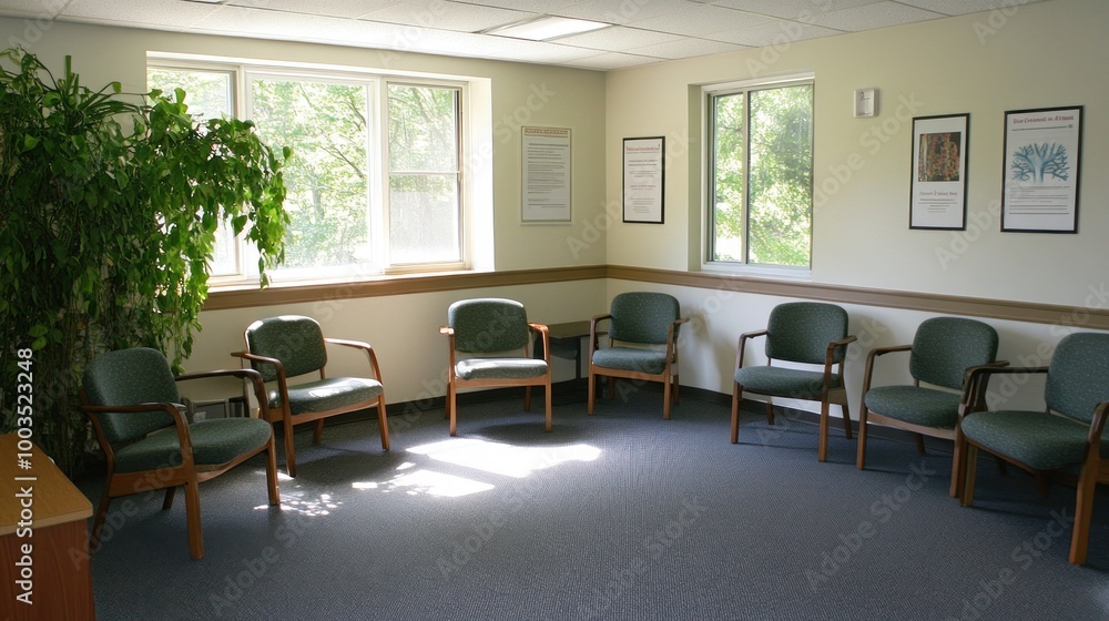 Fototapeta premium A waiting room with chairs, windows, and plants, designed for comfort and relaxation.