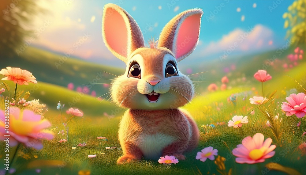 Cute Cartoon easter Bunny in a Spring meadow with Flowers Cute Cartoon easter Bunny in a Spring meadow with Flowers