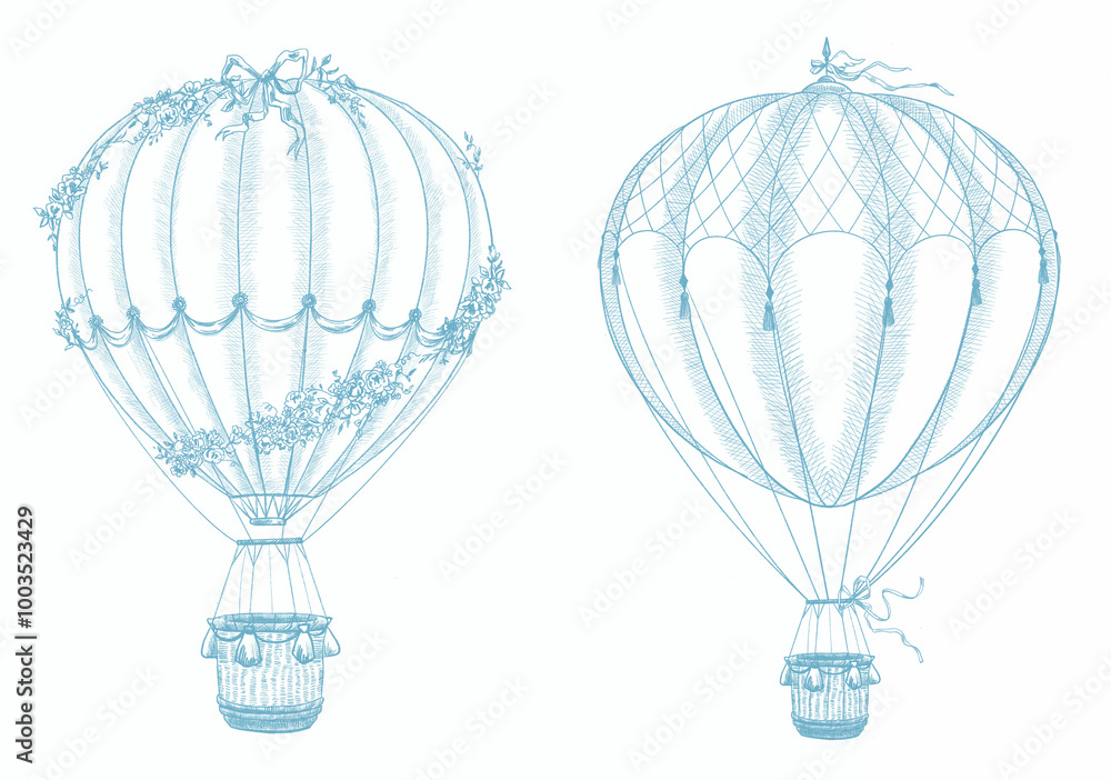 Obraz premium Beautiful image with hand drawn air balloon. Stock illustration. Ready clipart design.