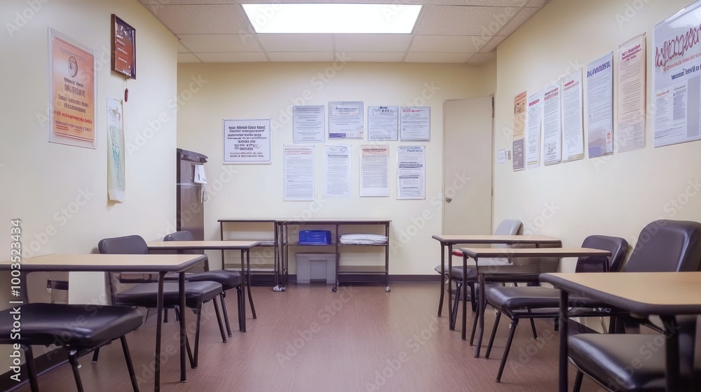 A waiting room with tables and chairs, featuring informational posters on the walls. A waiting room with tables and chairs, featuring informational posters on the walls.