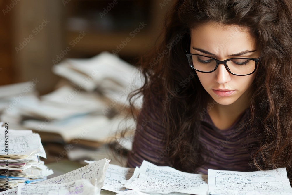 A young analyst studying for a finance certification exam. She is surrounded by textbooks and study materials A young analyst studying for a finance certification exam. She is surrounded by textbooks and study materials