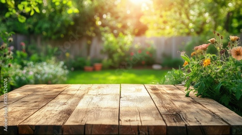 Rustic wooden table set in a lush, vibrant backyard garden, ideal for outdoor parties or summer gatherings