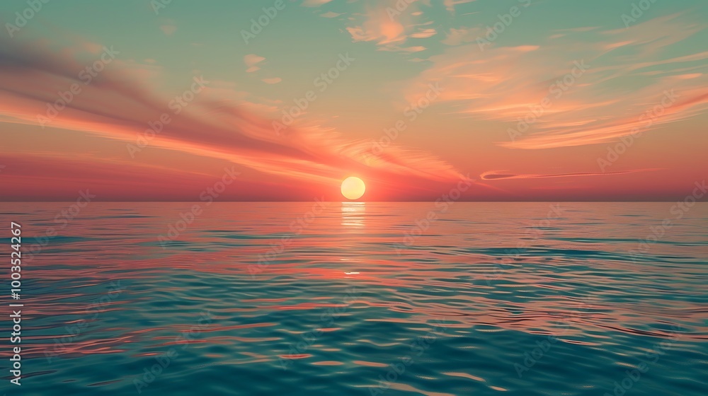 Vibrant sunset over the ocean, with the sun setting below the horizon. The sky is filled with orange, pink, and red clouds, and the water is reflecting the colors of the sunset.