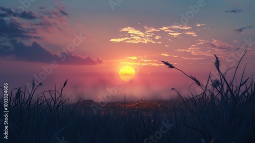 Sunset with a golden sun peaking over fog and tall grass. The clouds above are filled with warm colors, creating a tranquil and peaceful atmosphere.