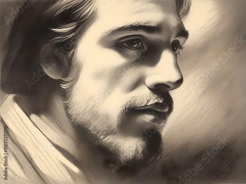Close-up Profile Portrait of a Mature Man with Facial Hair and Medium-length Hair, Pencil Sketch Concept