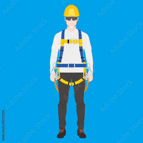 Front view of worker man with completed personal protective equipment for safety in industrial and construction work at height. Hardhat, glasses, full body harness, long sleeve shirt, pant, and shoes.