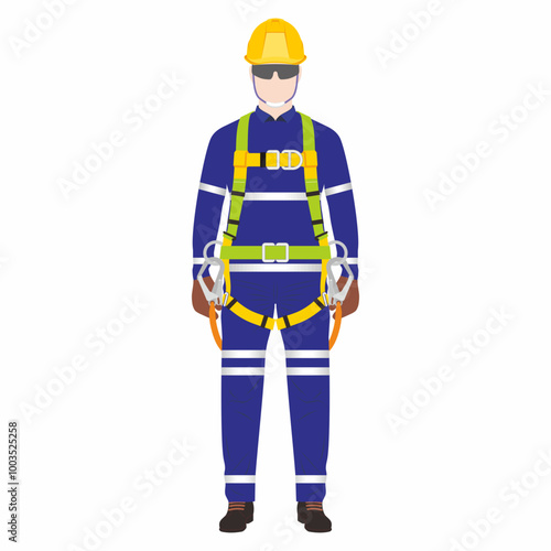 Front view of worker man with completed personal protective equipment for safety in industrial and construction work. Hardhat, glasses, full body harness, reflective uniform, and shoes.