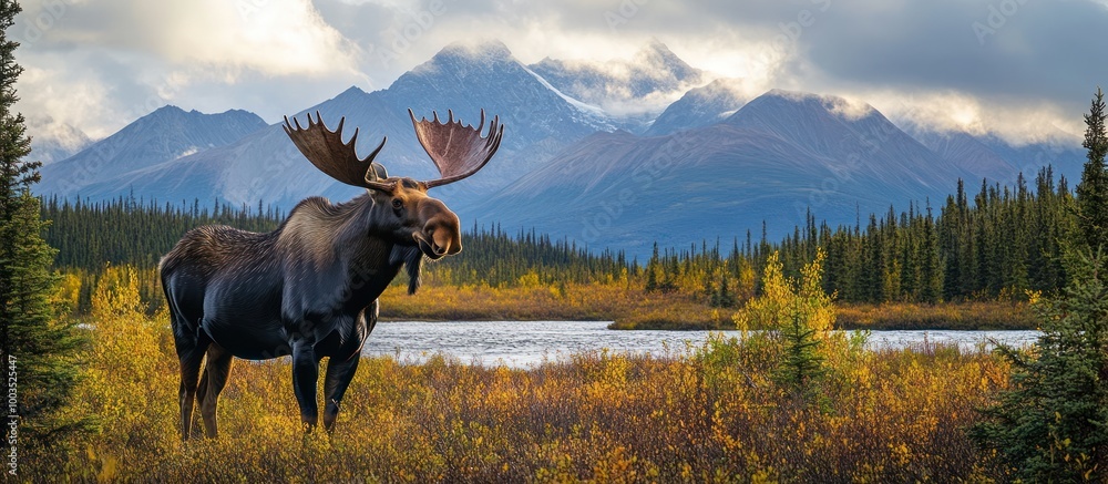 A large bull moose stands in a grassy meadow with a river and mountains in the background. A large bull moose stands in a grassy meadow with a river and mountains in the background.