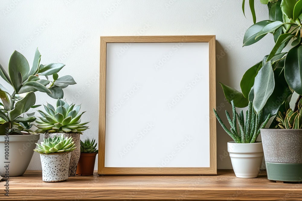 Blank frame with potted plants on wood shelf. Blank frame with potted plants on wood shelf.