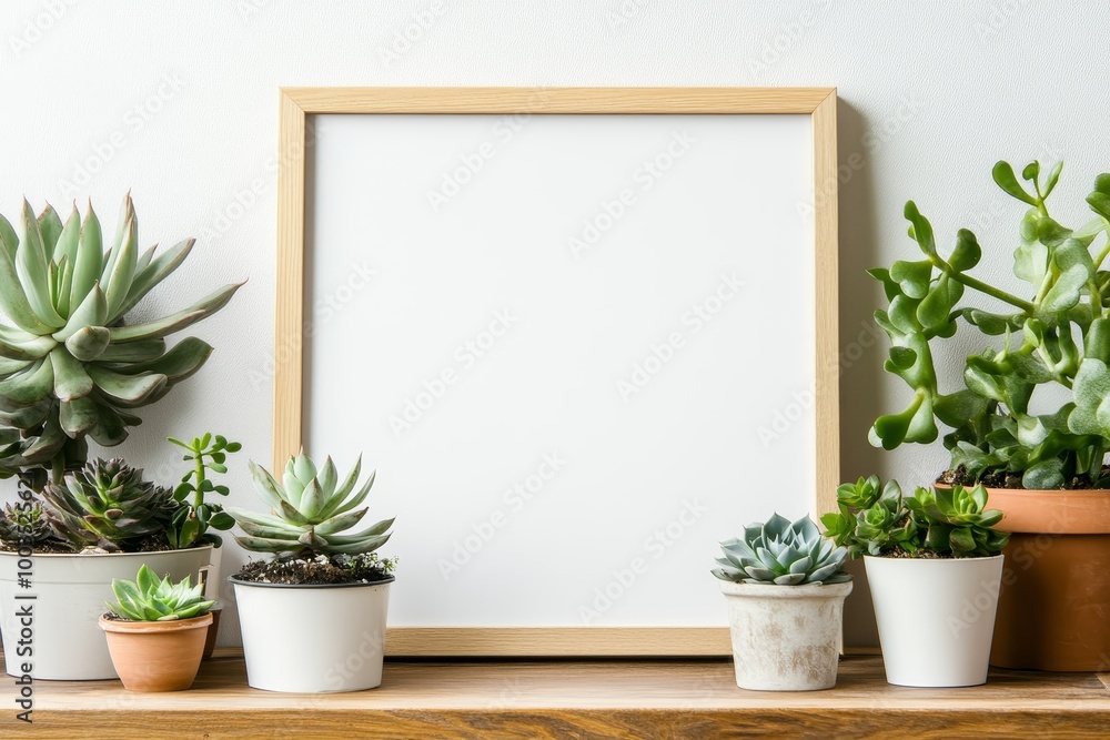 Fototapeta premium Blank wooden frame on a shelf with various succulents in pots.