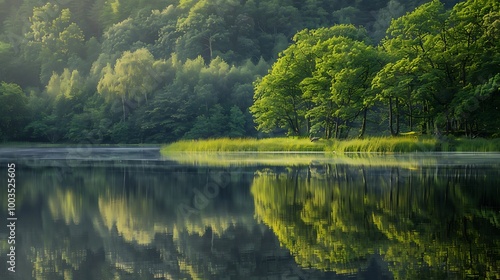 Fototapeta Naklejka Na Ścianę i Meble -  Tranquil lake with calm waters reflects the lush green forest surrounding it. The morning mist adds a sense of serenity to the scene.