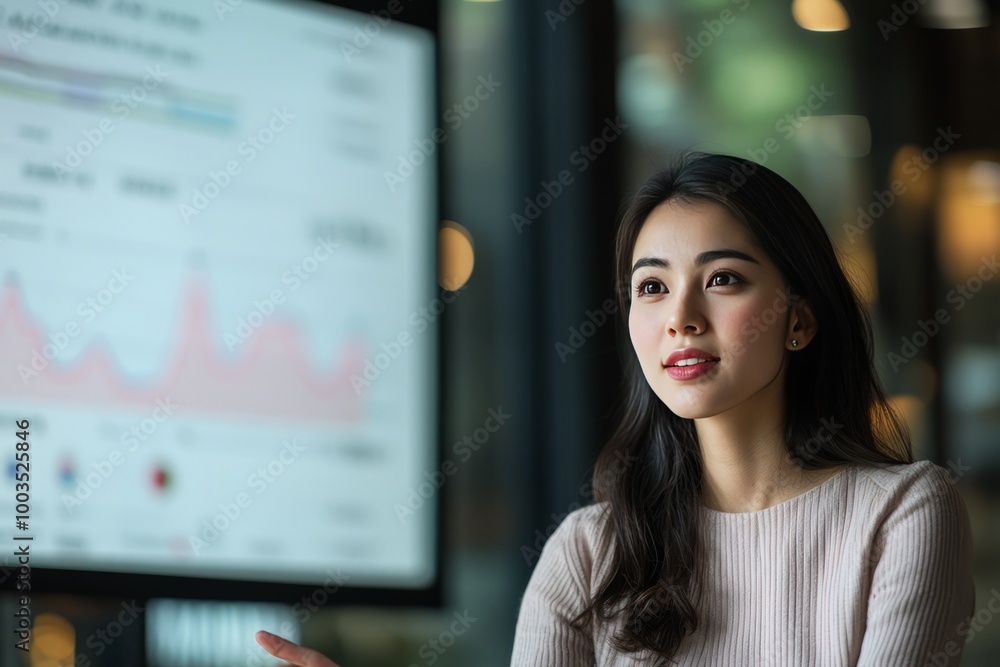 A young finance analyst presenting data to her team. She is using a projector to display graphs and key figures A young finance analyst presenting data to her team. She is using a projector to display graphs and key figures