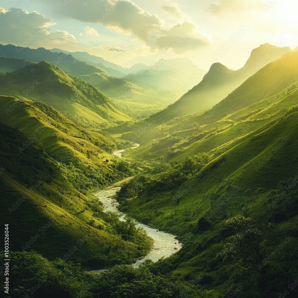 Obraz premium Serene mountain valley with a river winding through it, surrounded by lush green hills and a bright sky.