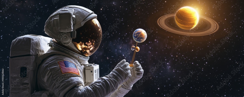 Exploring the Universe: Astronaut Admiring Solar System on Mobile in Space Exploring the Universe: Astronaut Admiring Solar System on Mobile in Space