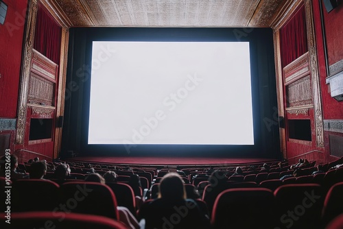 Empty movie screen with an audience watching in a dark theater. photo