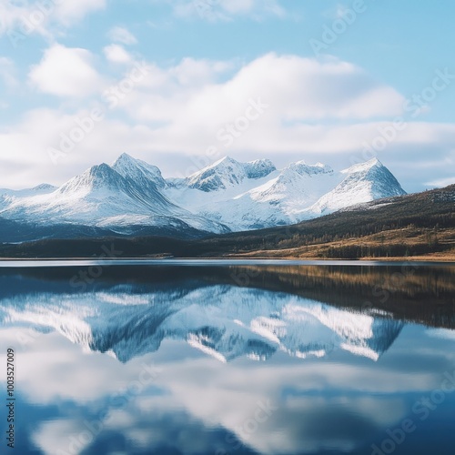 Snow-capped mountain range reflected in a still lake, with a bright sky and soft clouds overhead.