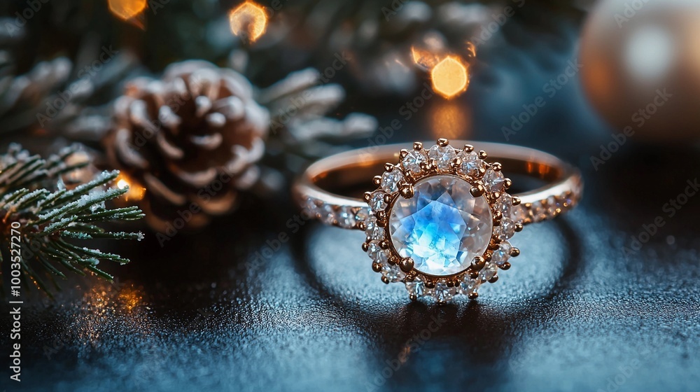 Naklejka premium Moonstone Engagement Ring with Pinecones and Winter Decorations