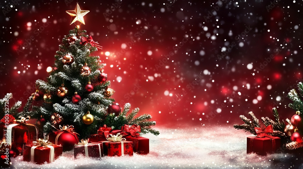 Festive merry christmas and happy new year background with sparkling lights, snowflakes, and holiday decorations Festive merry christmas and happy new year background with sparkling lights, snowflakes, and holiday decorations