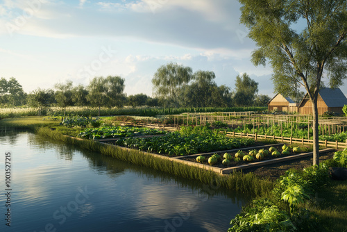 Organic farm with vegetable garden by a calm river